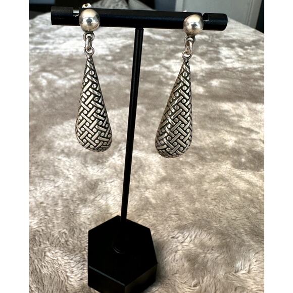 Unique Silver Dotted Teardrop Shaped Ear Post Dangle Earrings 925 Mexico 2" - Picture 1 of 3